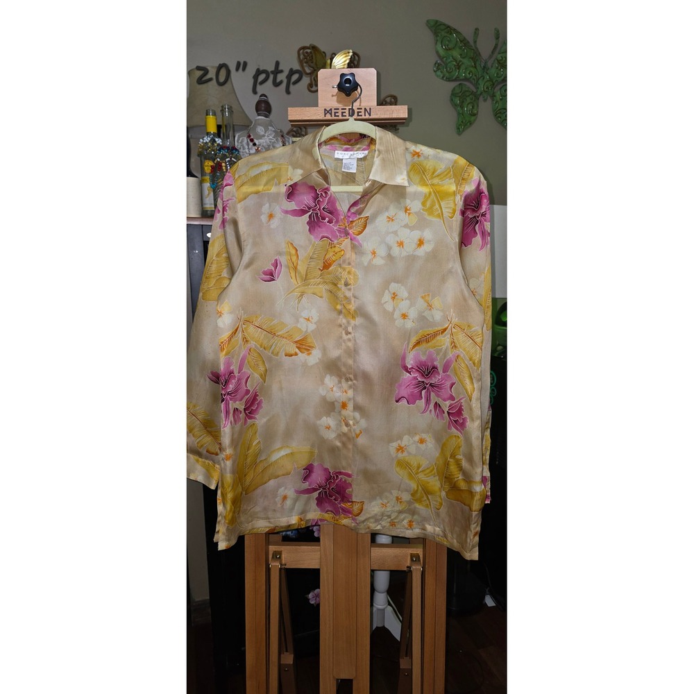 Doncaster Womens 100% Silk Tropical Floral Button Down Blouse Gold Pink L/S